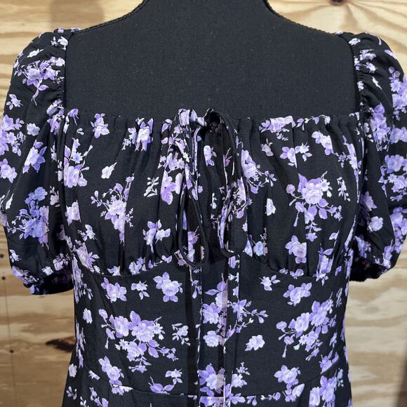 Y2K Milkmaid Babydoll Midi Dress Women's Large Black Floral Whimsigoth Fairy - Picture 3 of 14